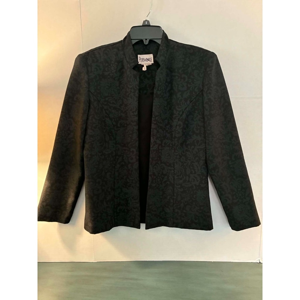 Periwinkle Womens Black Damask Open Front Jacket Blazer Career Gothic Minimalist